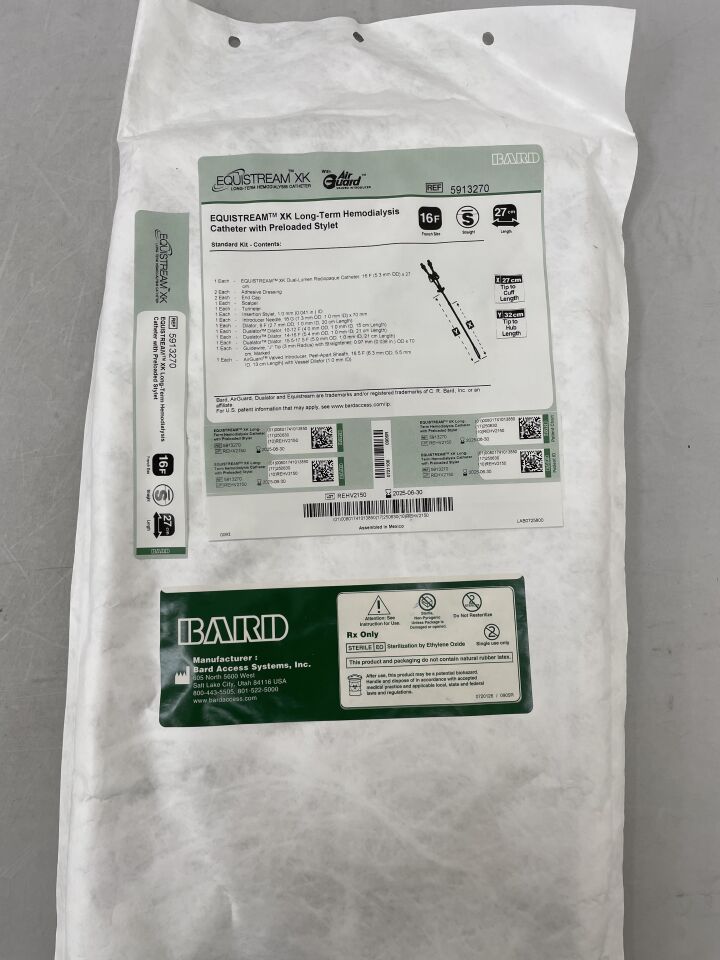 5913270 - BARD - Equistream XK Long Term Hemodialysis Catheter: Straight, Preloaded 16F x 27cm, (EA) - ( Expiry Date: 2025-06-30 )