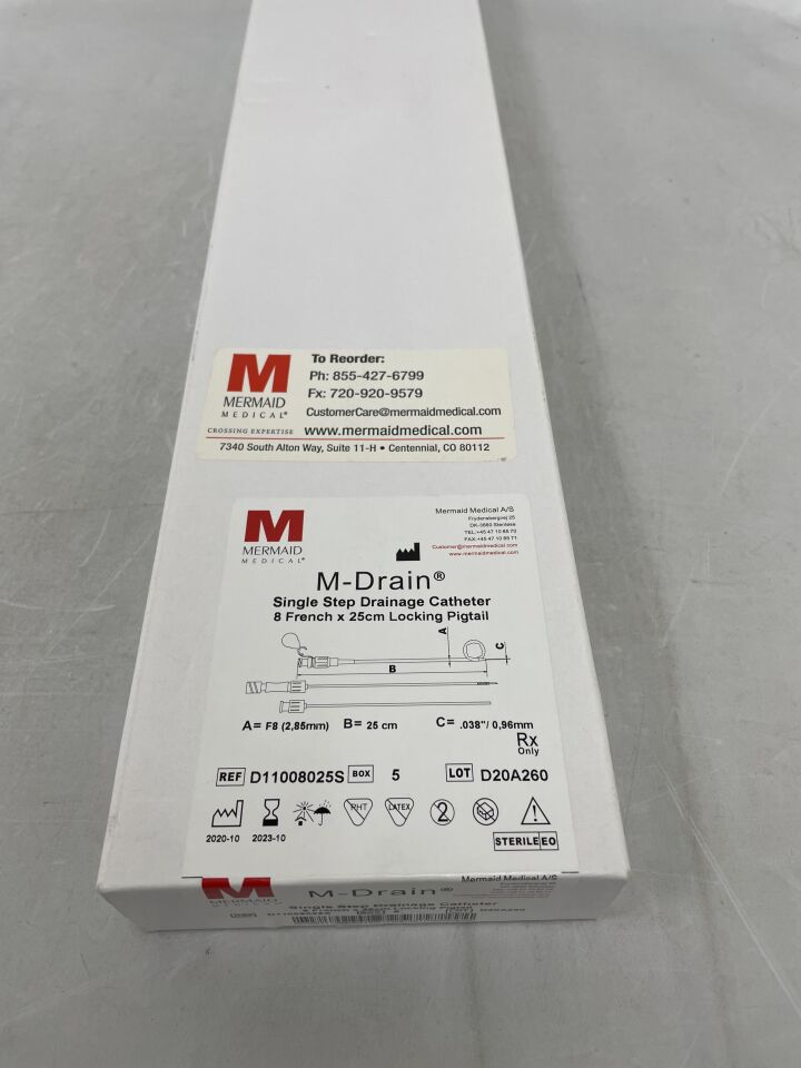 D11008025S - MERMAID MEDICAL - M-Drain Single Step Drainage Catheter 8F x 25cm Locking Pigtail , (BX/5) - ( Expiry Date: 2023-10-01 )