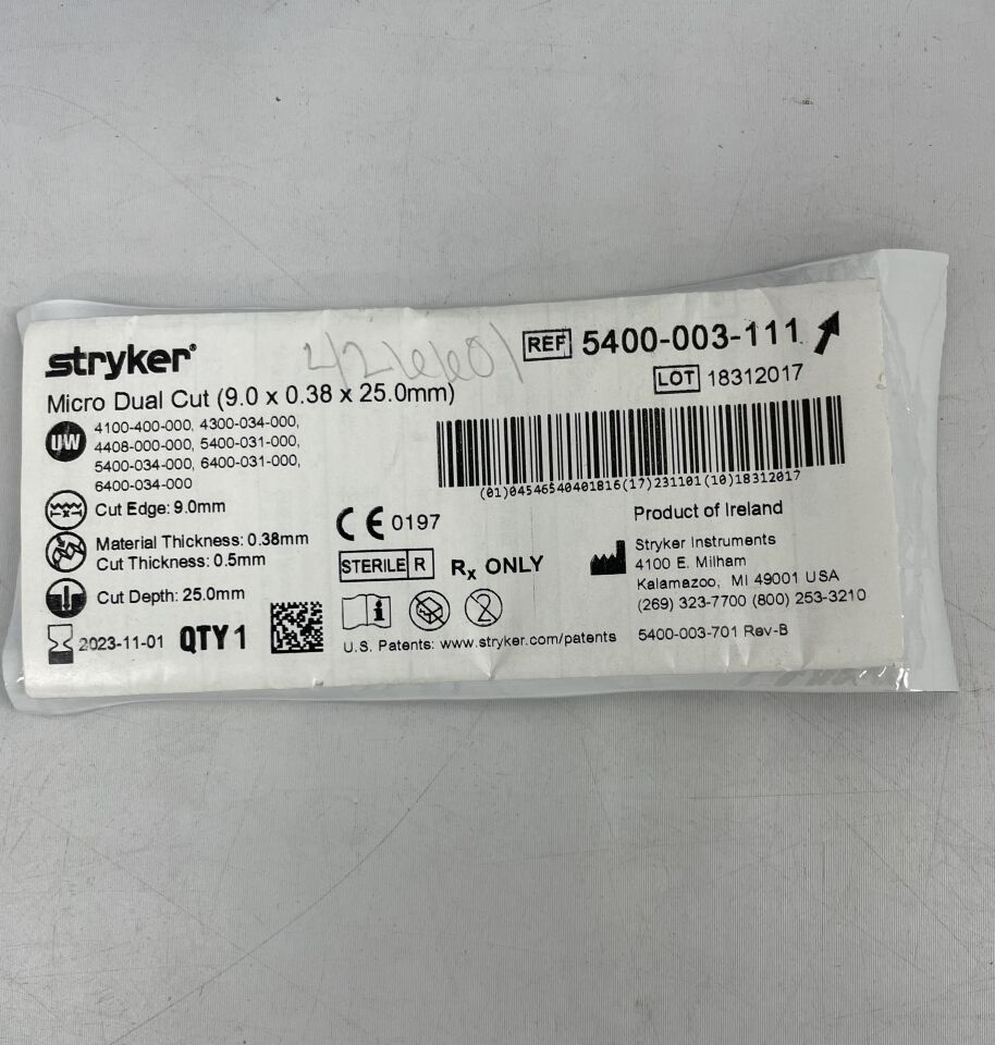 5400-003-111 - STRYKER - Micro Dual Cut Blade, 9.0 x 0.38 x 25.0mm, (EA) - ( Expiry Date: 2023-02-01 )