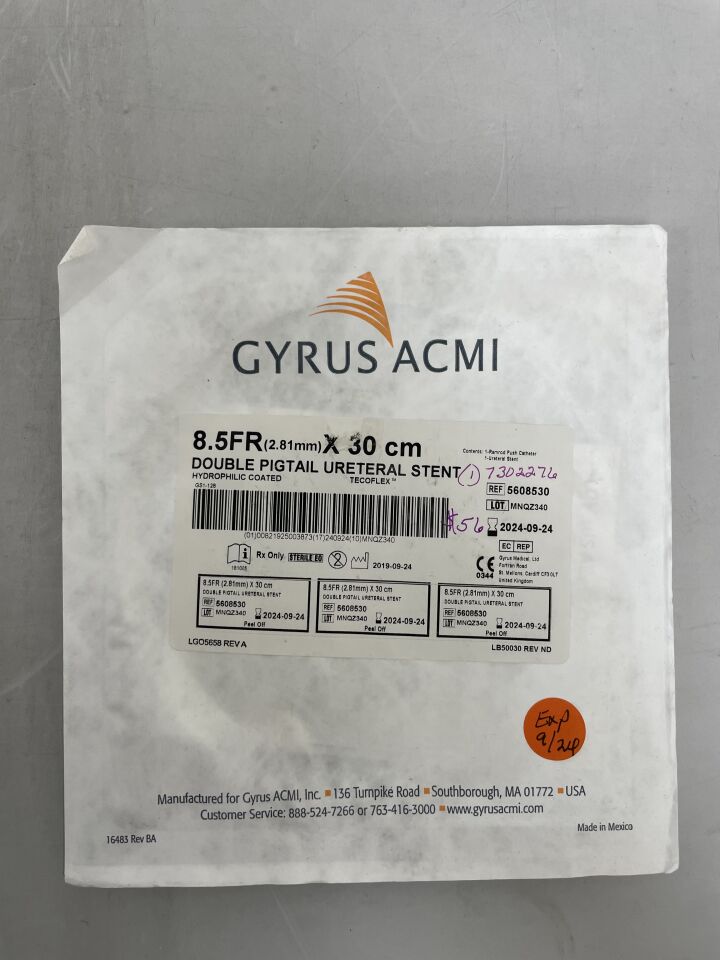 5608530 - GYRUS ACMI - Double Pigtail Ureteral Stent, Hydrophilic Coated: 8.5F x 30cm, (EA) - ( Expiry Date: 2024-09-24 )