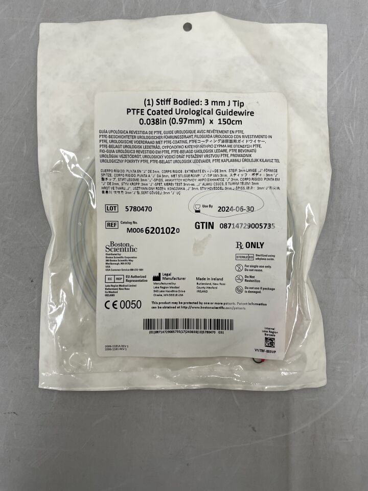620102 - BOSTON SCIENTIFIC - PTFE Coated Urological Guidewire Stiff Bodied 3mm J Tip 150cm x .038in, (EA) - ( Expiry Date: 2024-06-30 )