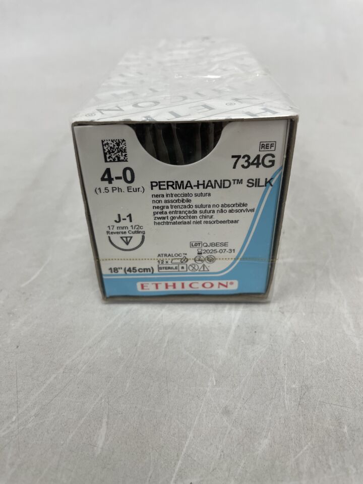 734G - ETHICON - PERMA-HAND Silk Suture, Reverse Cutting, Non-Absorbable, J-1 17mm ½ Circle, Black Braided 18" = 45cm, Size: 4-0 , ( BX/12 ) - ( Expiry Date : 2025-07-31 )