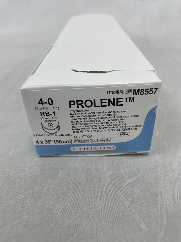 M8557 - ETHICON - PROLENE 聚丙烯縫合線,錐形頭,不可吸收,RB-1 17mm / RB-1 ½ 圓,藍色單絲 4-36" = 90cm,規格:4-0,(盒/12)-(有效期至:2025-11-30)