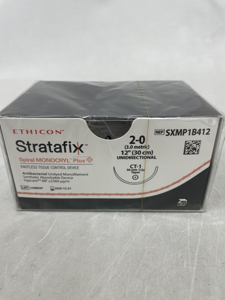 SXMP1B412 - ETHICON - Sutura espiral STRATAFIX Monocryl Plus, punta cónica, absorbible, CT-1 36 mm 1/2 círculo, 12 pulgadas = 30 cm, tamaño 2-0, (Caja de 12) - (Fecha de caducidad: 31/12/2025)