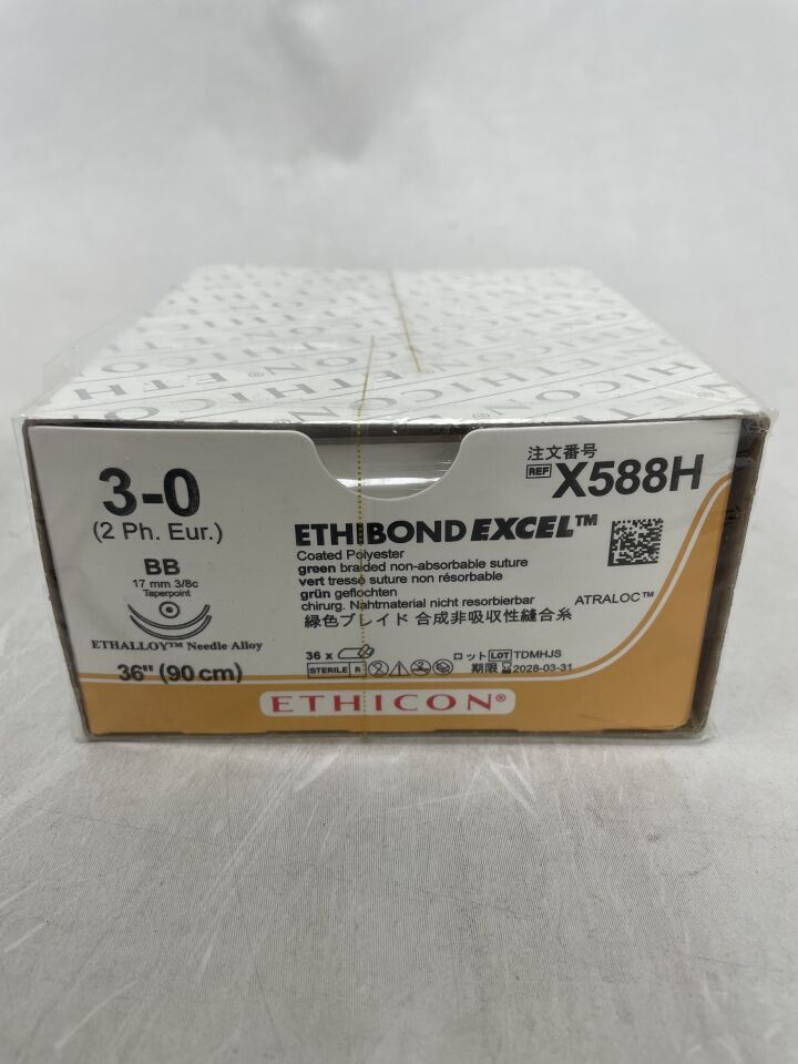 X588H - ETHICON - ETHIBOND EXCEL Polyester Suture, Taper Point, Non-Absorbable, BB 17mm / BB 3/8 Circle, Green Braided 30" = 75cm, Size: 3-0 , ( BX/36 ) - ( Expiry Date : 2028-03-31 )