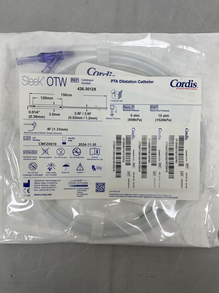 426-3012X - CORDIS - Sleek OTW PTA Dilatation Catheter - 3.0mm x 120mm x 150cm, (EA) - ( Expiry Date: 2024-11-30 )