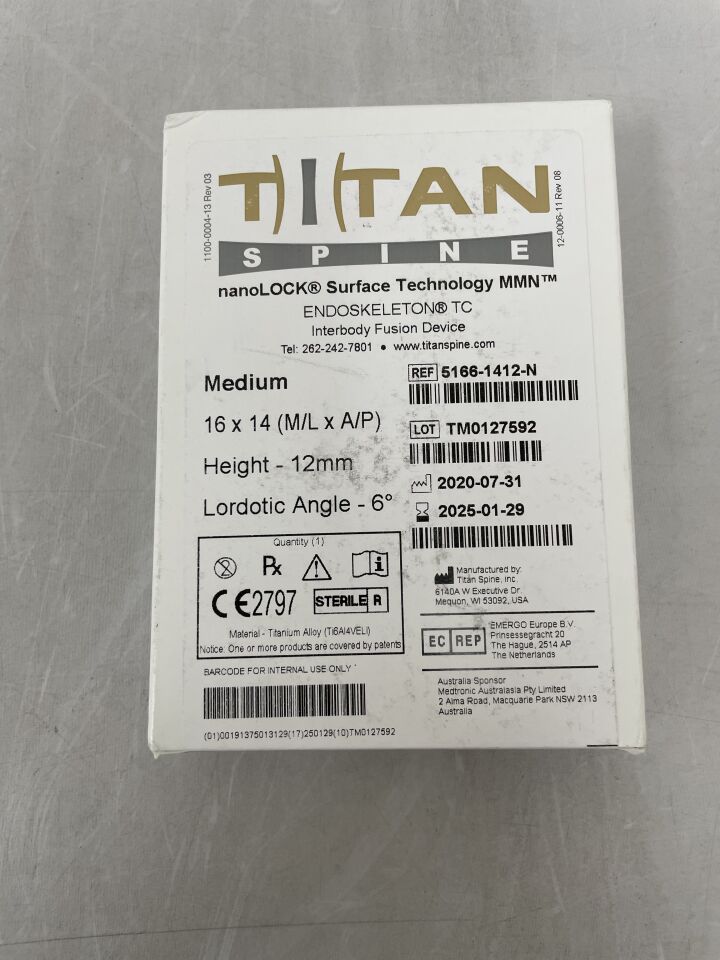5166-1412-N - TITAN SPINE - Endoskeleton TC Interbody Fusion Device w/NanoLOCK, Medium 16 x 14, 12mm, Lordotic Angle 6 Degree, (BX/1) - ( Expiry Date: 2025-01-29 )