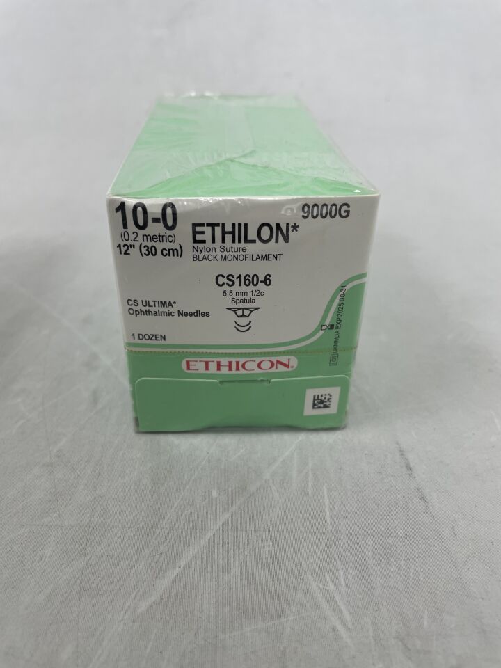 9000G - ETHICON - Ethilon 不可吸收單絲尼龍縫合線,10-0 號,6 英寸長,CS160-6 針,(盒/12)-(有效期至:2025-08-31)