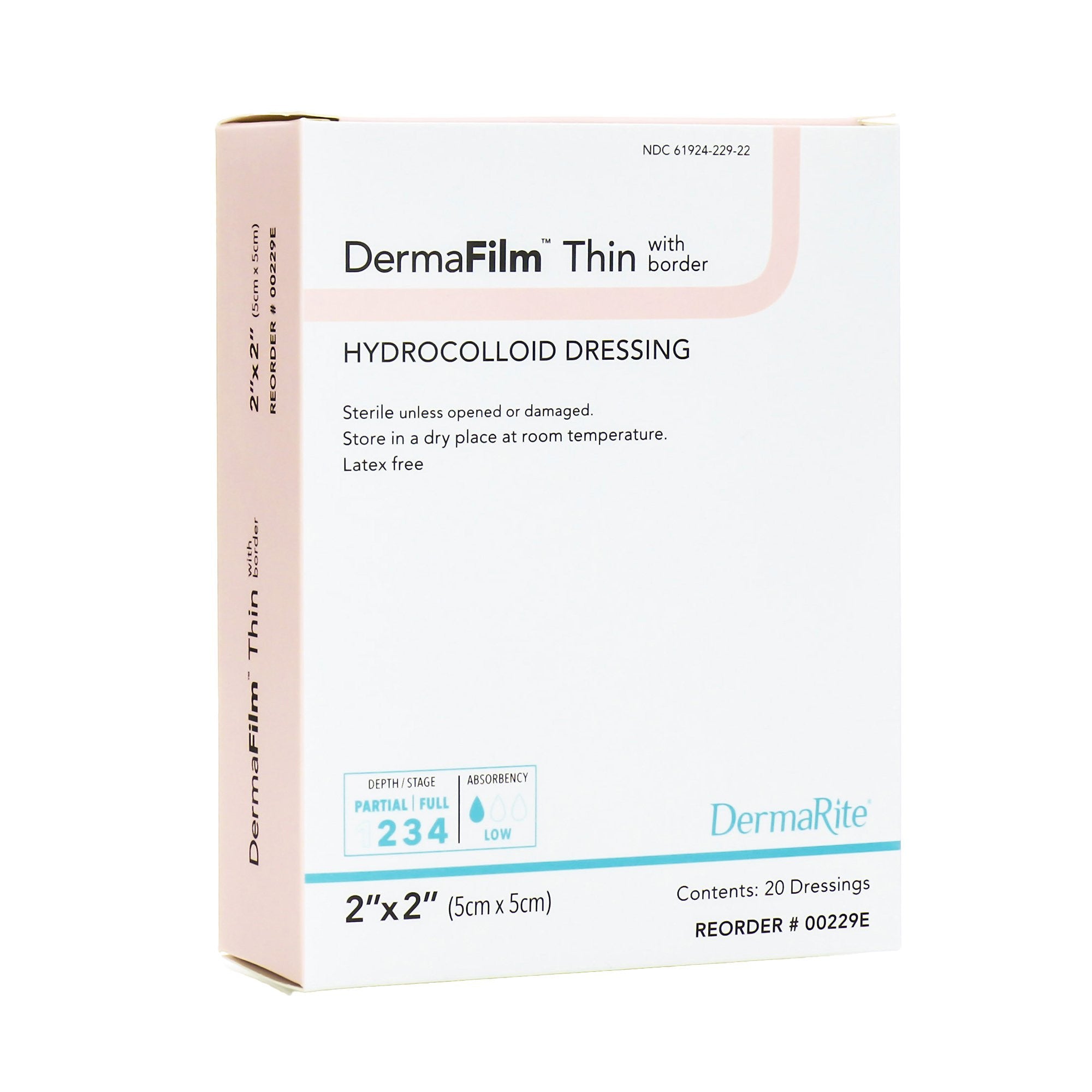 727094 - Derma - DermaFilm Thin Hydrocolloid Dressing Film Backing 2 X 2 Inch Square Hydrocolloid / Film, 00229E, Pack of 1, (EA)