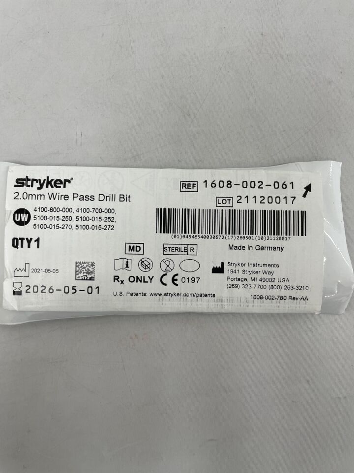 1608-002-061 - STRYKER - 2.0mm Wire Pass Drill Bit , ( EA ) - ( Expiry Date : 2026-05-01 )