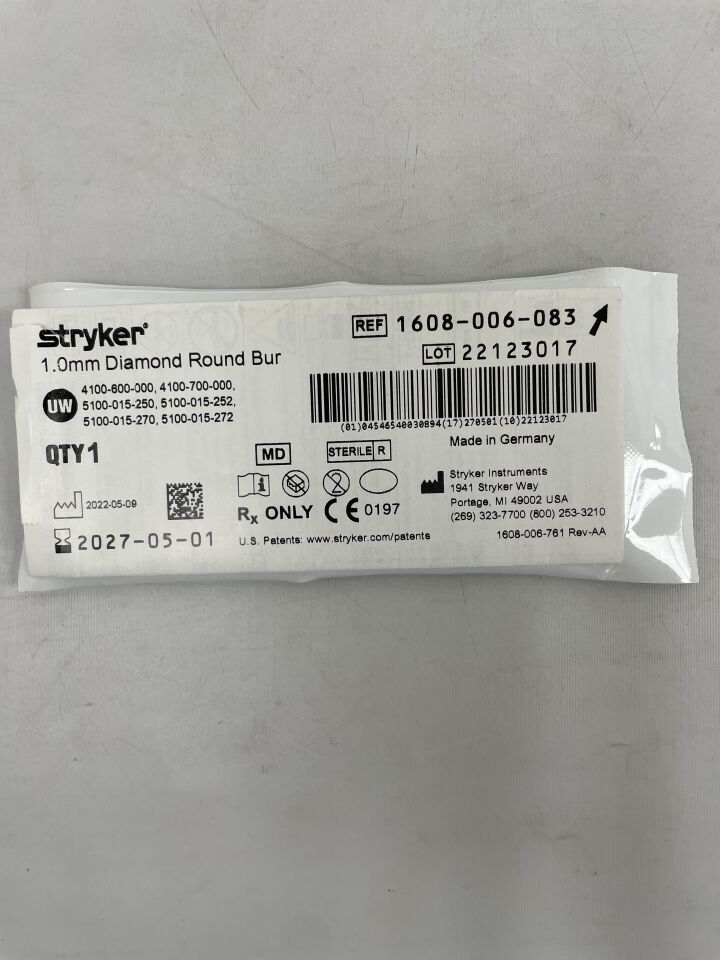 1608-006-083 - STRYKER - 1.0mm Diamond Round Bur , ( EA ) - ( Expiry Date : 2027-05-01 )