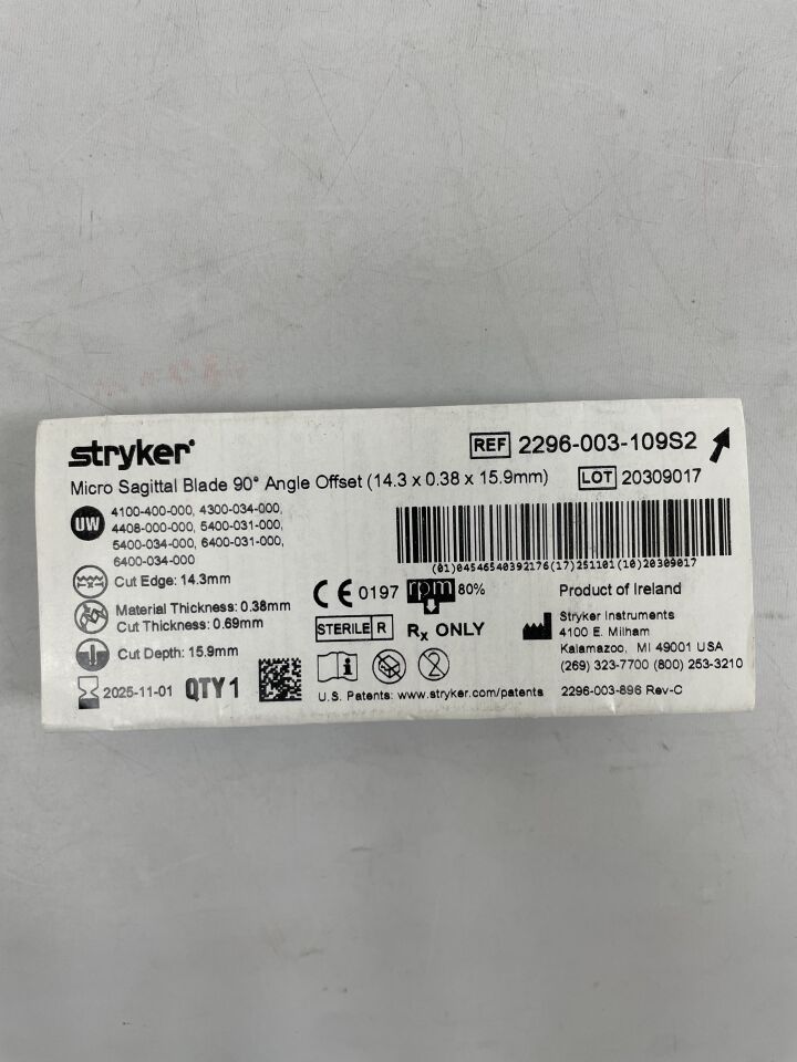 2296-003-109S2 - STRYKER - Micro Sagittal Blade 90 Degree Angle Offset 14.3 x 0.38 x 15.9mm , ( EA ) - ( Expiry Date : 2025-11-01 )