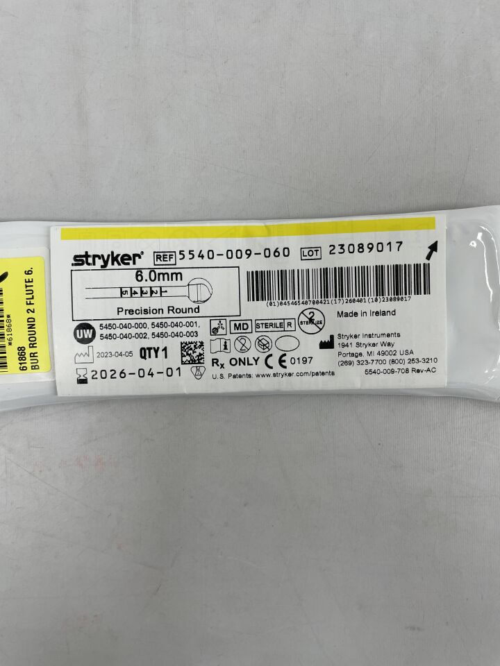 5540-009-060 - STRYKER - s2 precision round bur, two flutes 6.0mm , ( EA ) - ( Expiry Date : 2026-04-01 )