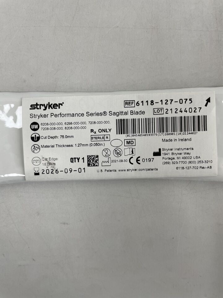 6118-127-075 - STRYKER - system 6 sagittal blade: 18mm x 75mm x 1.27mm , ( EA ) - ( Expiry Date : 2026-09-01 )