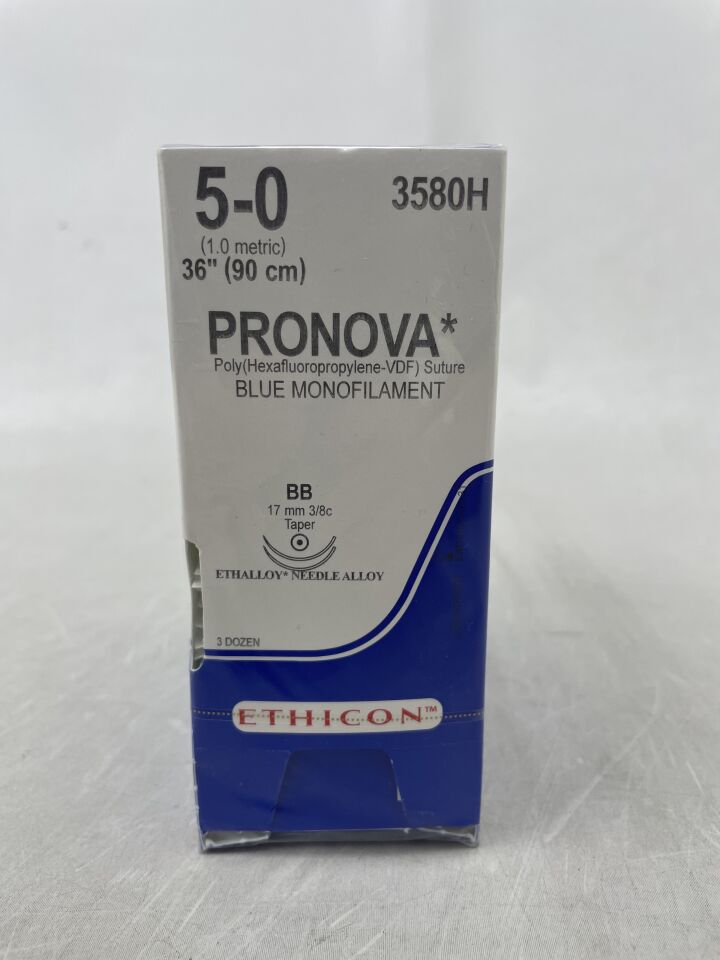 3580H - ETHICON - PRONOVA® Poly (Hexafluoropropylene – VDF) Suture, Taper Point, Non-Absorbable, BB 17mm / BB 3/8 Circle, Blue Monofilament 36" = 90cm, Size: 5-0, (BX/36) - ( Expiry Date: 2025-03-31 )