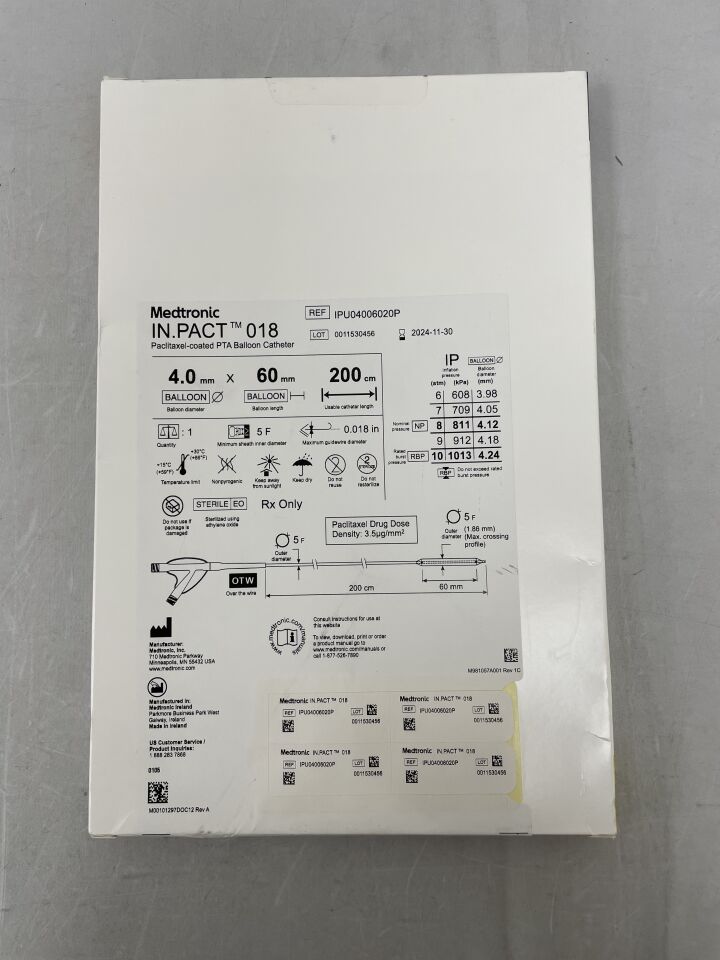 IPU04006020P - MEDTRONIC - IN.PACT 018 Paclitaxel-Coated PTA Balloon Catheter (DCB) 4mm x 60mm x 200cm, (BX/1) - ( Expiry Date: 2024-11-30 )