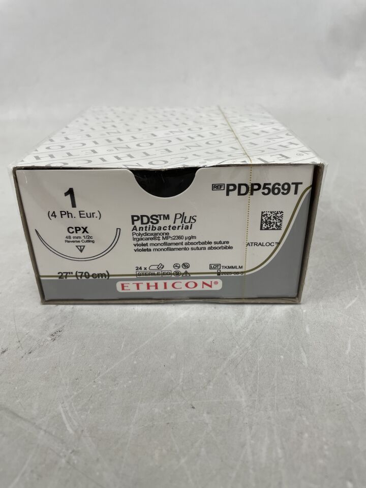 PDP569T - ETHICON - PDS Plus Antibacterial (polydioxanone) Suture, Reverse Cutting, Absorbable, Violet Monofilament 27" = 70cm, Size: 1 , ( BX/24 ) - ( Expiry Date : 2025-08-31 )