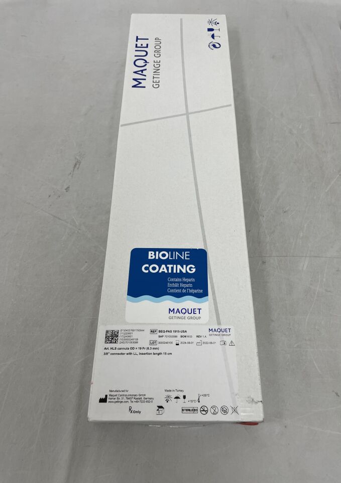 BEQ-PAS 1915-USA - MAQUET - Arterial HLS Cannula, 19Fr OD, 3/8" Connector with LL, Insertion length 15cm, with Bioline Coating, (BX/1) - ( Expiry Date: 2024-06-01 )