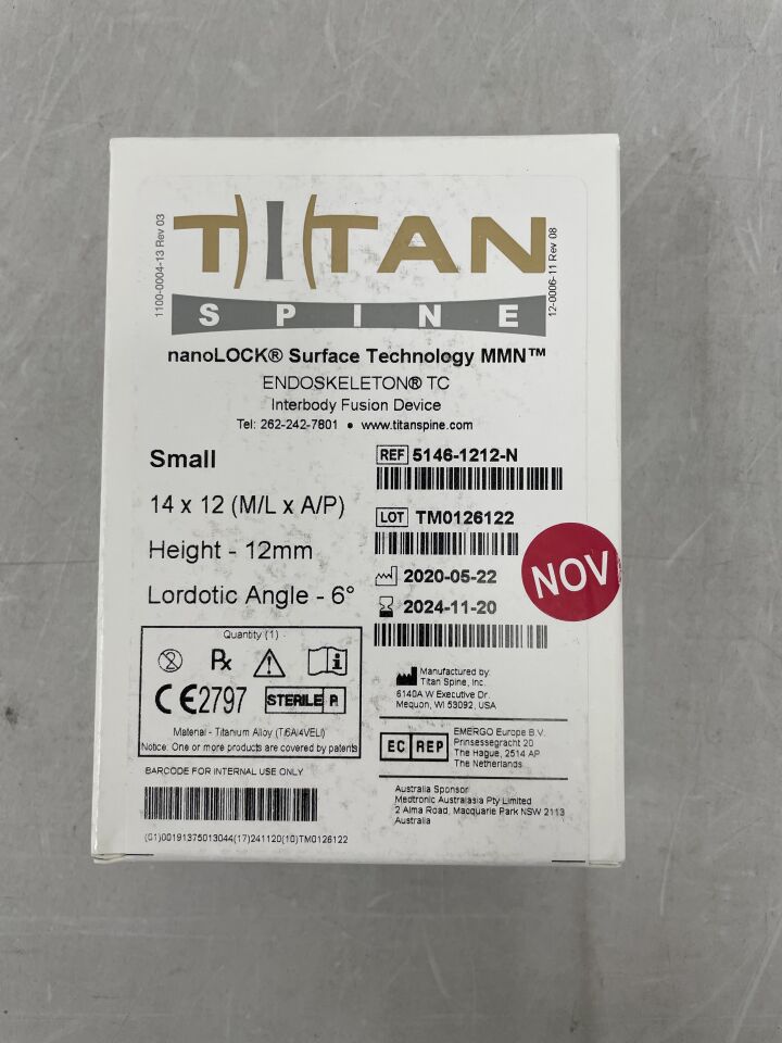 5146-1212-N - TITAN SPINE - Interbody Fusion Device nanoLOCK Surface Technology 6 Degree Small 12mm, (BX/1) - ( Expiry Date: 2024-11-20 )