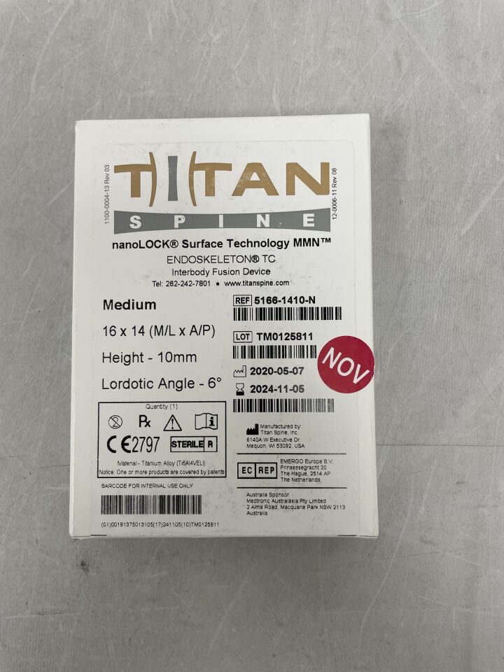 5166-1410-N - TITAN SPINE - Interbody Fusion Device nanoLOCK Surface Technology 6 Degree Medium 10mm, (BX/1) - ( Expiry Date: 2024-11-05 )