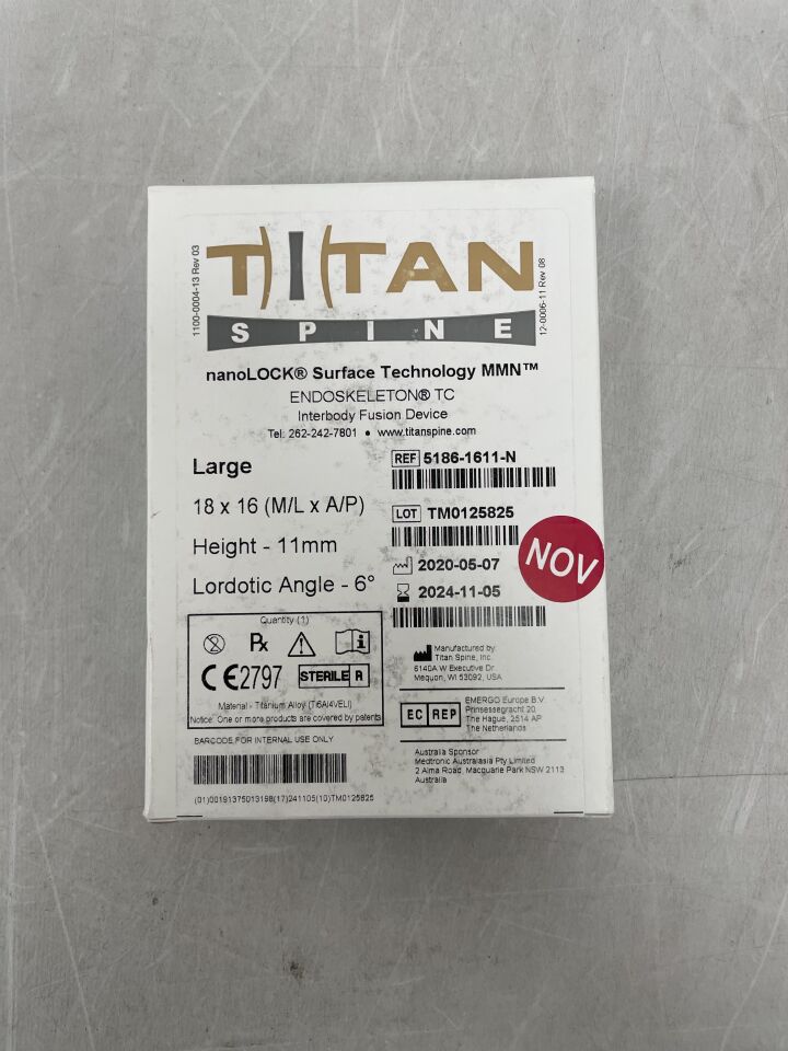 5186-1611-N - TITAN SPINE - Interbody Fusion Device nanoLOCK Surface Technology 6 Degree Large 11mm, (BX/1) - ( Expiry Date: 2024-11-05 )