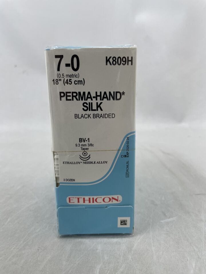 K809H - ETHICON - PERMA-HAND 絲線,錐形頭,不可吸收,BV-1 9.3mm / BV-1 3/8 圓,黑色編織 18 英寸 = 45 厘米,規格:7-0,(盒/36)-(有效期至:2026-02-28)