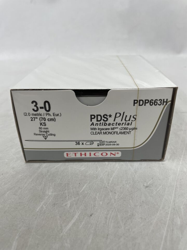 PDP663H - ETHICON - PDS Plus Antibacterial (polydioxanone) Suture, Straight Cutting Needles, Absorbable, KS 60mm Straight, Undyed Monofilament 27" = 70cm, Size: 3-0 , ( BX/36 ) - ( Expiry Date : 2025-09-30 )