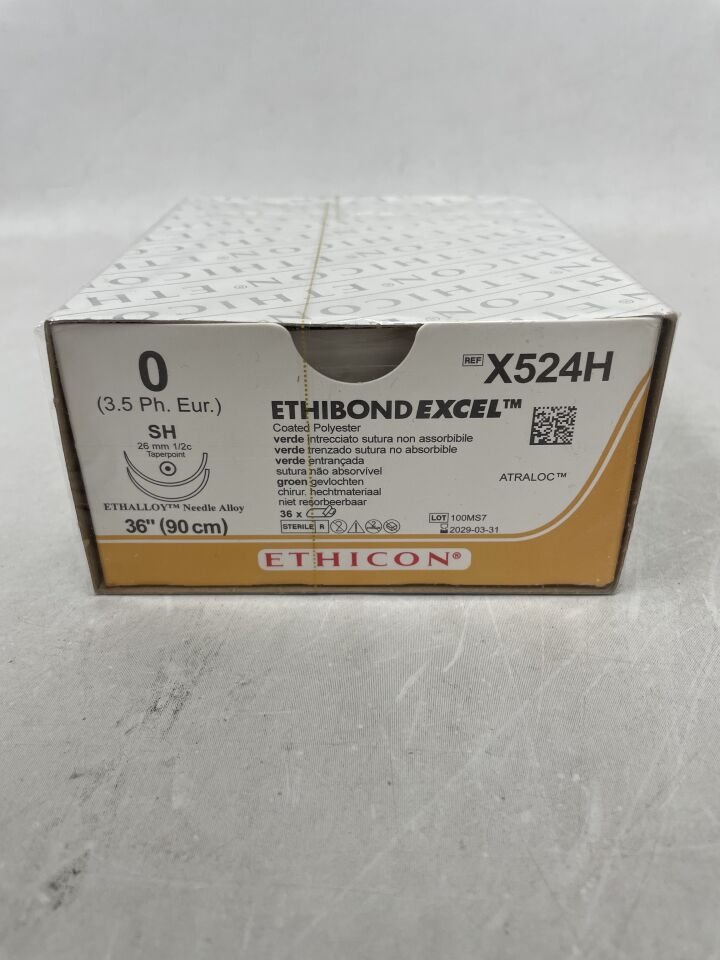 X524H - ETHICON - ETHIBOND EXCEL Polyester Suture, Taper Point, Non-Absorbable, SH 26mm / SH ½ Circle, Green 36" = 90cm, Size: 0 , ( BX/36 ) - ( Expiry Date : 2029-03-31 )