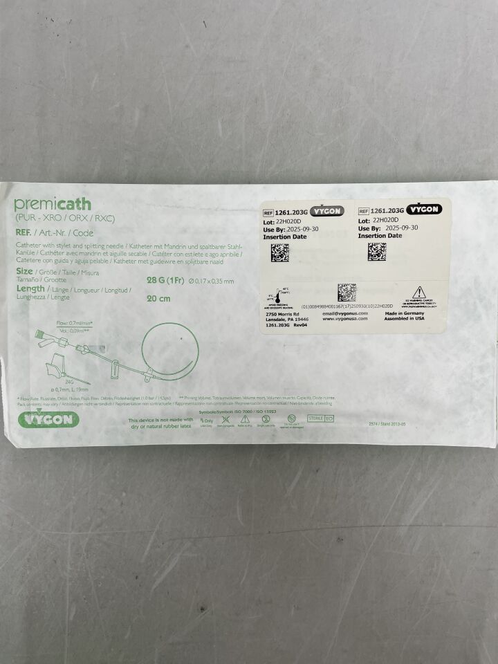 1261.203G - VYGON - Premicath 28G (1F) 20cm 導管,帶導絲和分針,(EA) - (有效期限:2025-09-30)