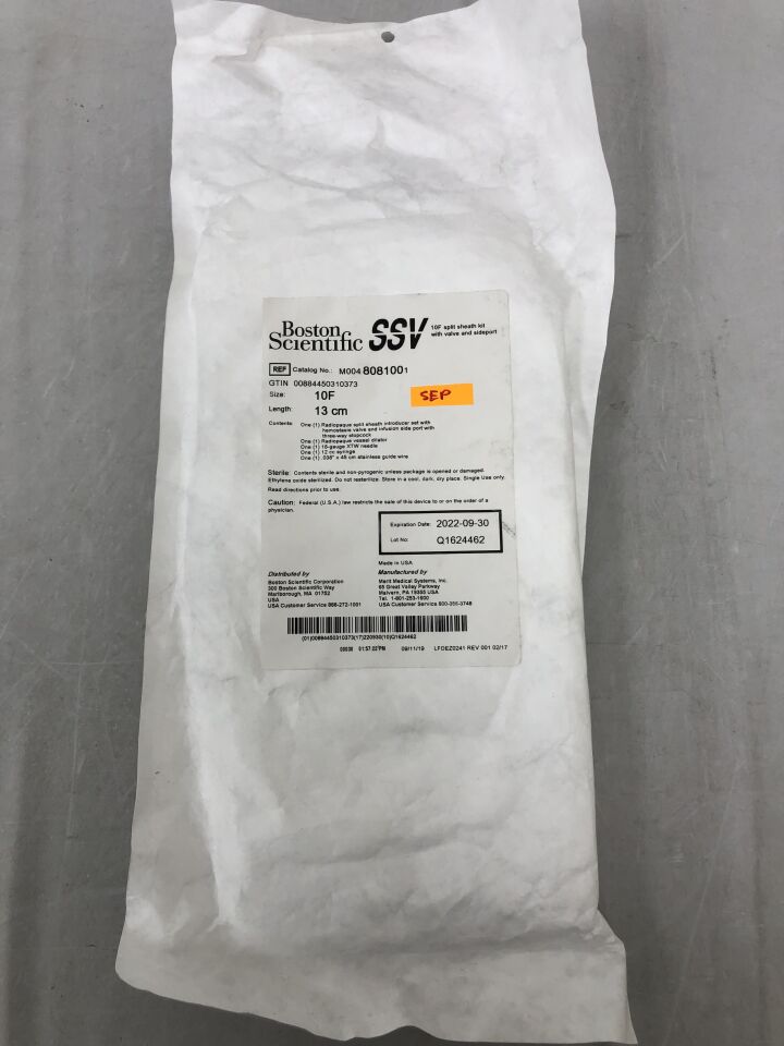 808100 - BOSTON SCIENTIFIC - SSV Split Sheath Kit With Valve And Sideport, 10F x13cm, () - ( Expiry Date: 2022-09-30 )