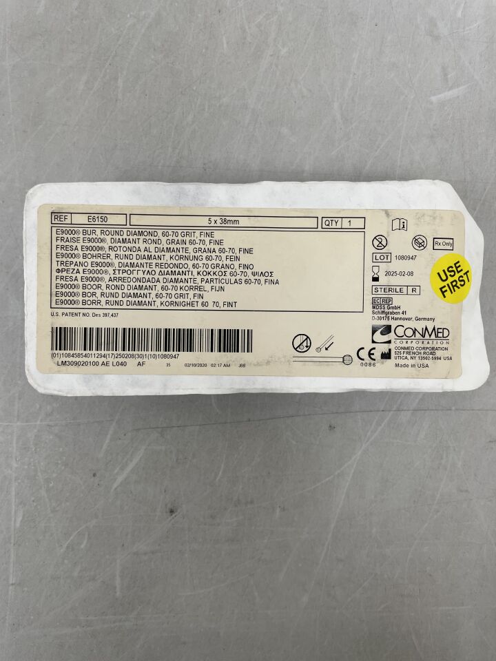 E6150 - CONMED - Fine Round Diamond E Burr, 60-70/Medium Grit, 5 x 38mm, (EA) - ( Expiry Date: 2025-02-08 )