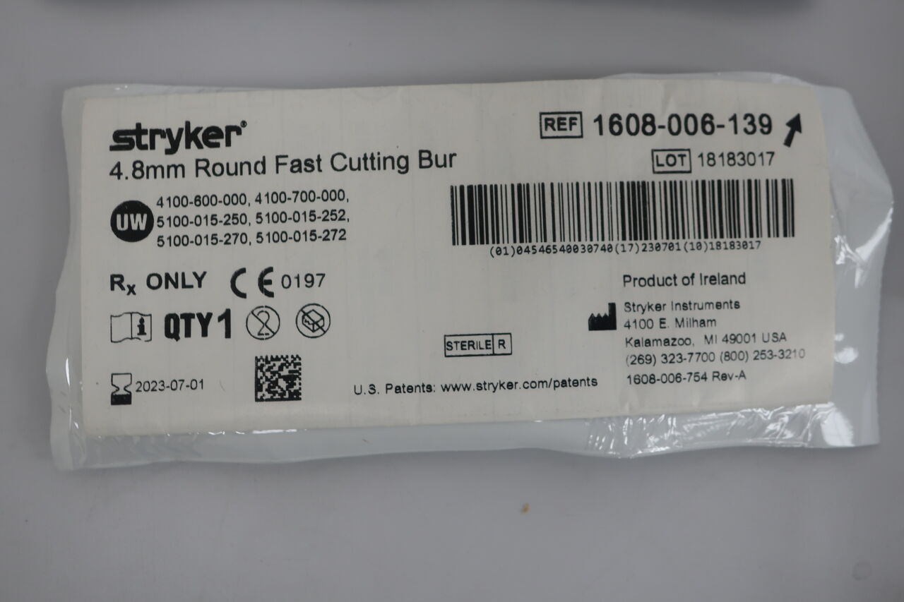 1608-006-139 - STRYKER - Round Stainless Steel Fast Cutting Burr, 4.6 mm Head Diame, (EA) - ( Expiry Date: 2024-03-01 )