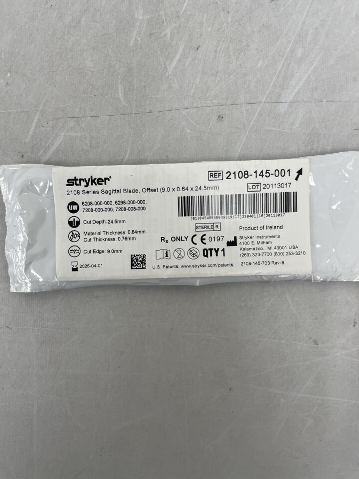 2108-145-001 - STRYKER - Heavy Duty Sagittal Blade Straight, Offset 9mm x 24.5mm x 0.64mm, (EA) - ( Expiry Date: 2025-04-01 )