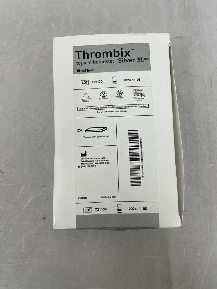 3100 - TELEFLEX - Vascular Solutions Thrombix Topical Hemostat Silver, Iyophilized Pad, (BX/25) - ( Expiry Date: 2024-11-08 )