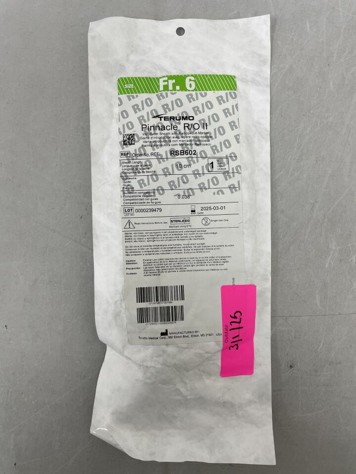 RSB602 - TERUMO - PINNACLE R/O II Introducer Sheath with Radiopaque Marker, 6Fr, 10cm Sheath Length, (EA) - ( Expiry Date: 2025-03-01 )