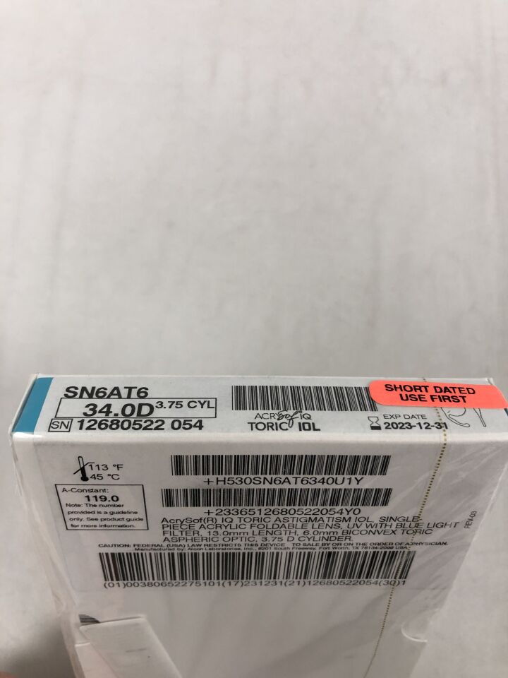 SN6AT6.340 - ALCON - AcrySof IQ TORIC ASTIGMATISM IOL, 34.0D, SINGLE-PIECE ACRYLIC FOLDABLE LENS, UV WITH BLUE LIGHTFILTER, 13.0mm LENGTH, 6.0mm BICONVEX TORIC ASPHERIC OPTIC, 3.75 D CYLINDER, (BX/1) - ( Expiry Date: 2023-12-31 )