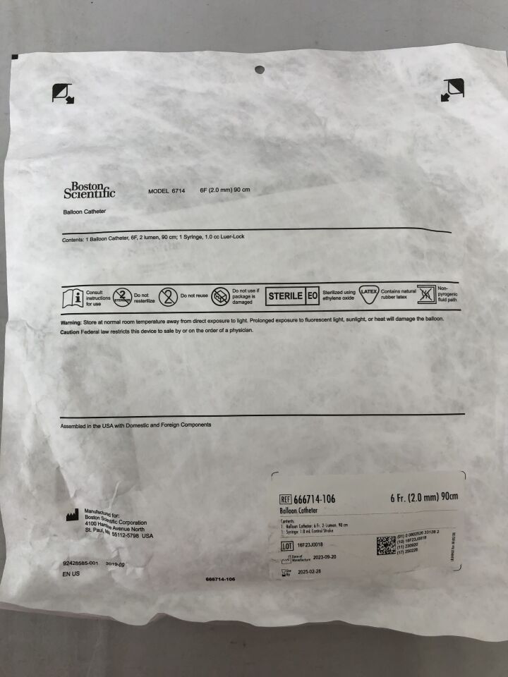 6714 - BOSTON SCIENTIFIC - Balloon Catheter - 666714-106 - 2-Lumen - 6Fr x 90cm, (EA) - ( Expiry Date: 2025-02-28 )