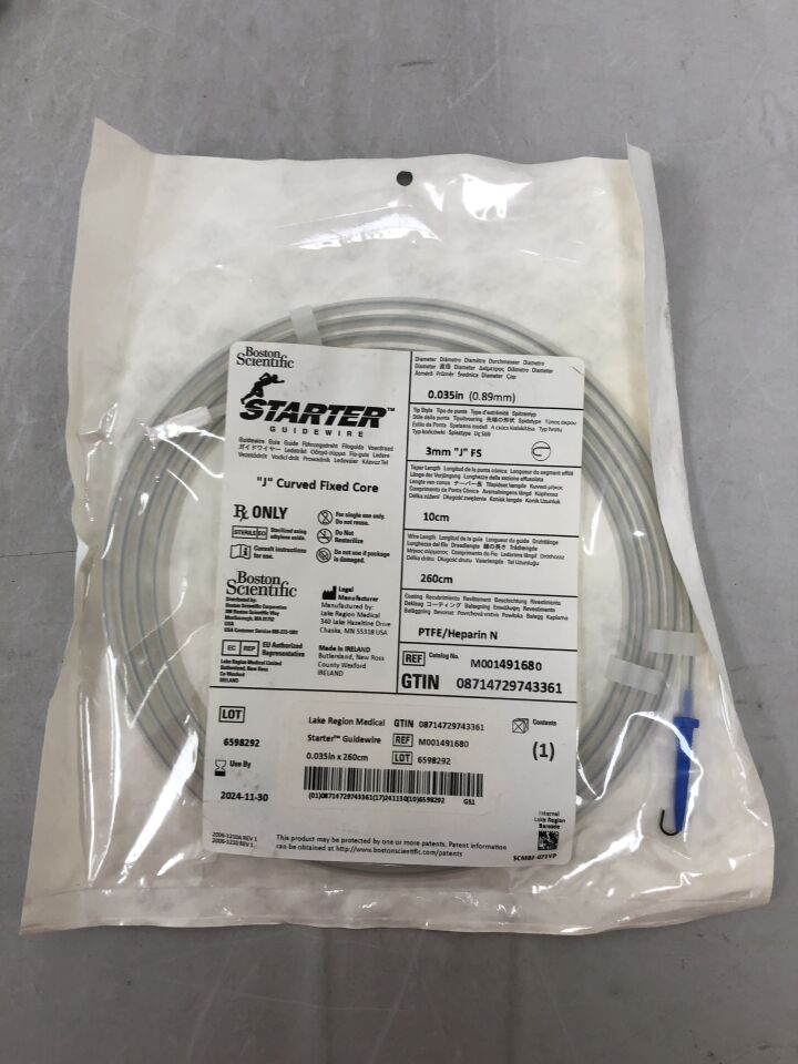 49168 - BOSTON SCIENTIFIC - Starter Guidewire PTFE Coated, J Curved Fixed Core, 0.035in diameter, 260cm length, (EA) - ( Expiry Date: 2024-11-30 )