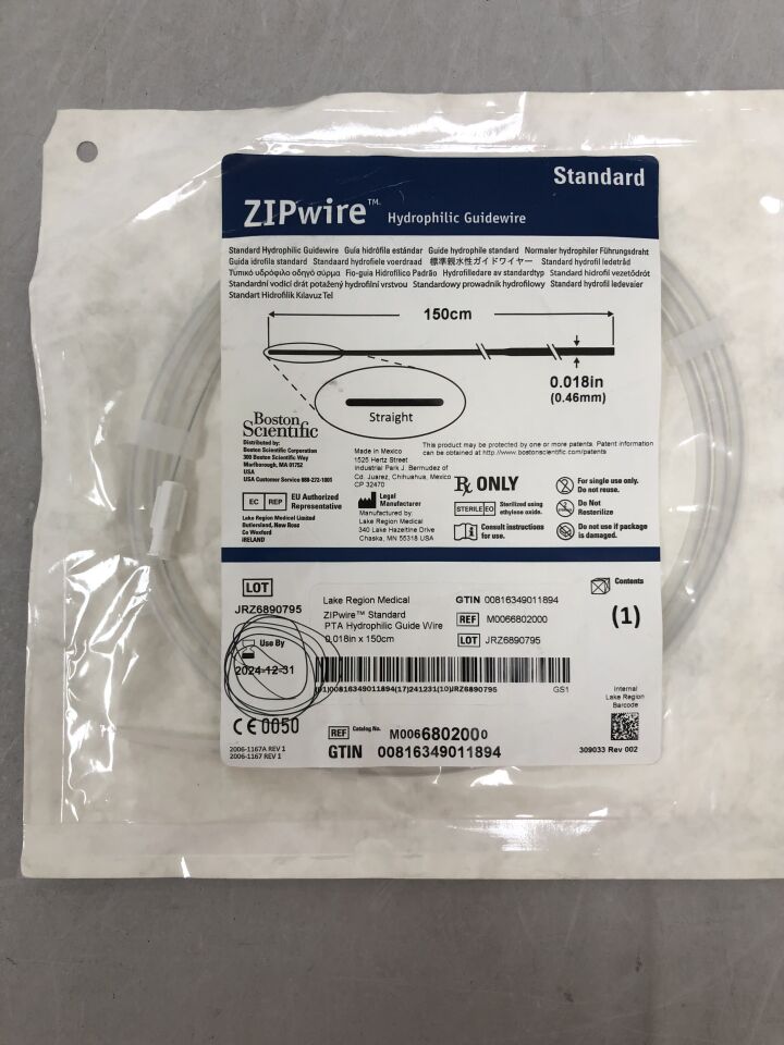 680200 - BOSTON SCIENTIFIC - ZIPwire Hydrophilic Guidewire - Standard, Straight - .018" x 150cm, (EA) - ( Expiry Date: 2024-12-31 )