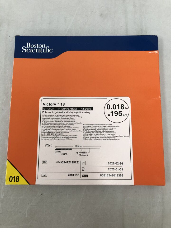 3947219512 - BOSTON SCIENTIFIC - Victory 18 Polymer tip guidewire, straight tip (shapeable), 0.018 inch x 195cm, 12 grams, (BX/1) - ( Expiry Date: 2025-01-31 )