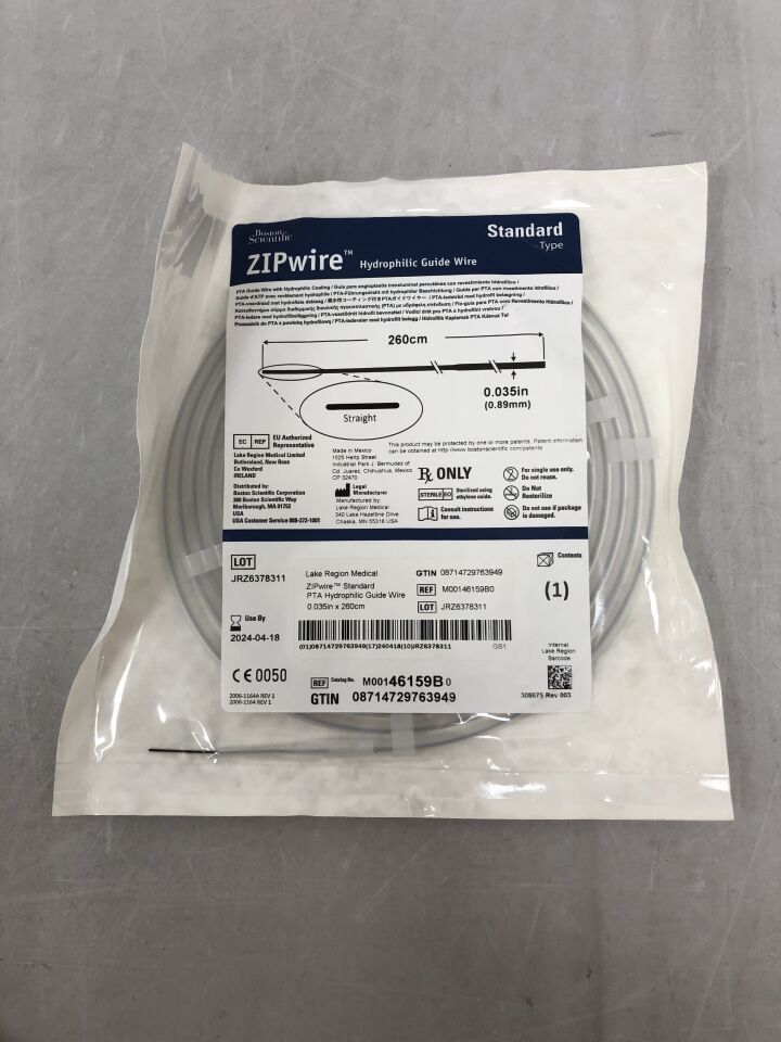 46159B - BOSTON SCIENTIFIC - ZIPwire PTA Hydrophilic Guidewire - Standard, Straight - .035" x 260cm, (EA) - ( Expiry Date: 2024-04-18 )