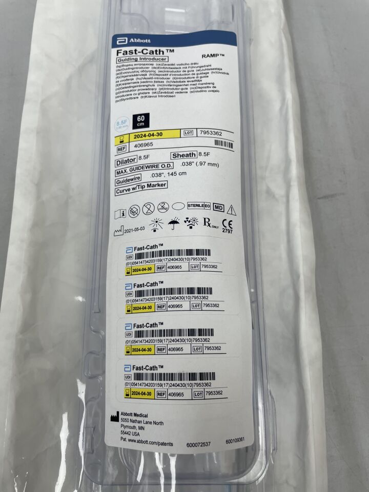 406965 - ST JUDE MEDICAL - Fast-Cath RAMP Guiding Introducer Sheath w/Valve & Sideport, Dilator & Guidewire 8.5F x 60cm, (EA) - ( Expiry Date: 2023-12-31 )