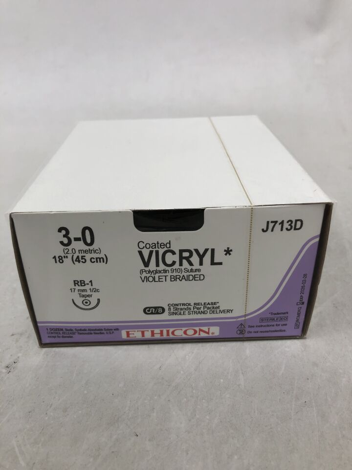 J713D - ETHICON - Coated Vicryl Absorbable Braided Polyglactin 910 Suture, Size 3-0, 18 in. Length, RB-1 Needle , ( ) - ( Expiry Date : )