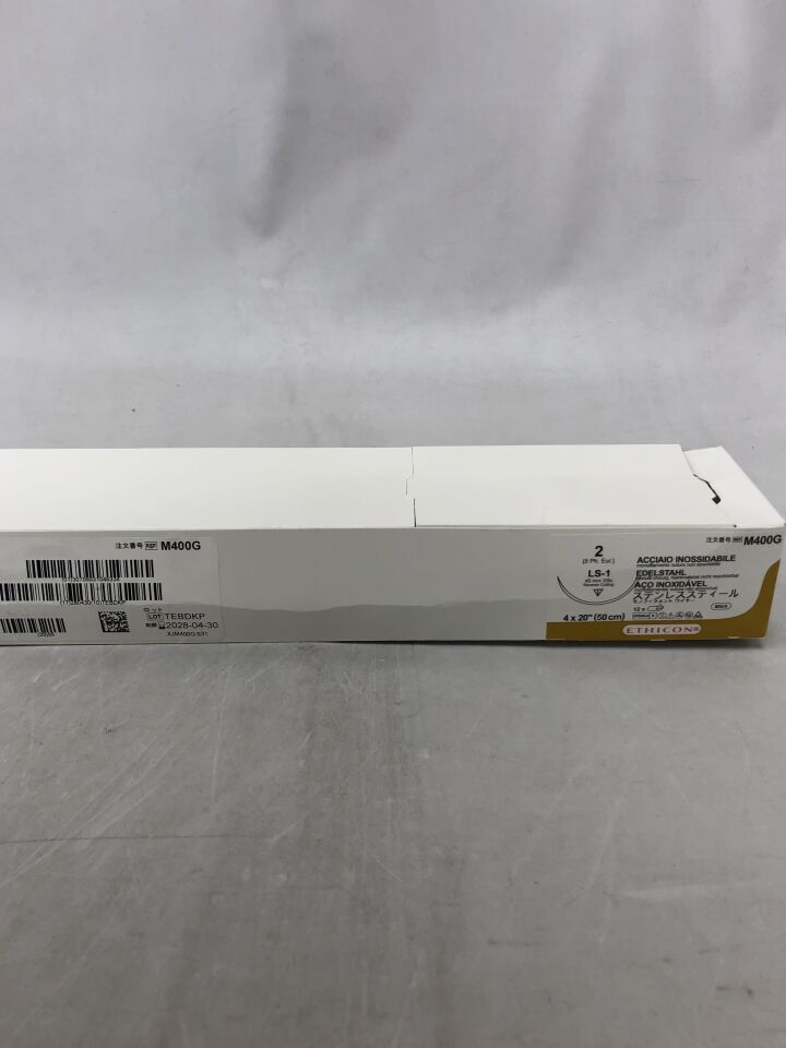 M400G - ETHICON - 外科用不鏽鋼縫線,反向切割,不可吸收,LS-1 45mm 3/8 圓,尺寸 - 2,()-(效期:)
