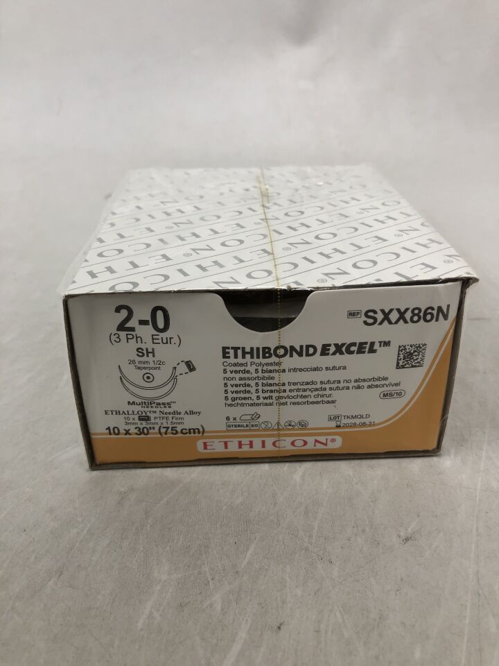 SXX86N - ETHICON - ETHIBOND EXCEL Sutura de poliéster, punta cónica, no absorbible, SH ½ círculo, trenzado verde y blanco, 5-30" (75 cm), tamaño: 2-0, ( ) - ( Fecha de caducidad: )
