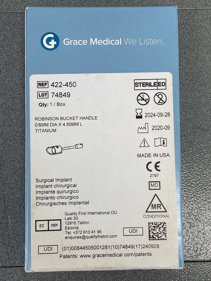 422-450 - GRACE MEDICAL - robinson bucket handle 0.6mm dia x 4.50mm l titanium, (BX/1) - ( Expiry Date: 2024-09-28 )