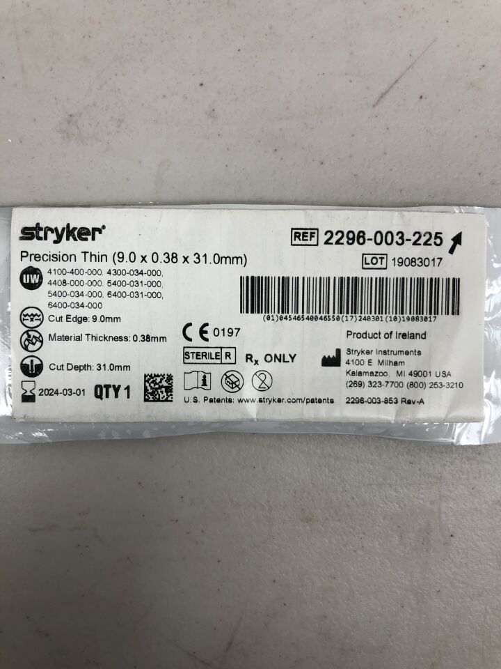 2296-003-225 - STRYKER - Precision Thin Blade, Long, Medium, Aggressive 9.0mm x 0.38mm x 31mm, (EA) - ( Expiry Date: 2024-03-01 )