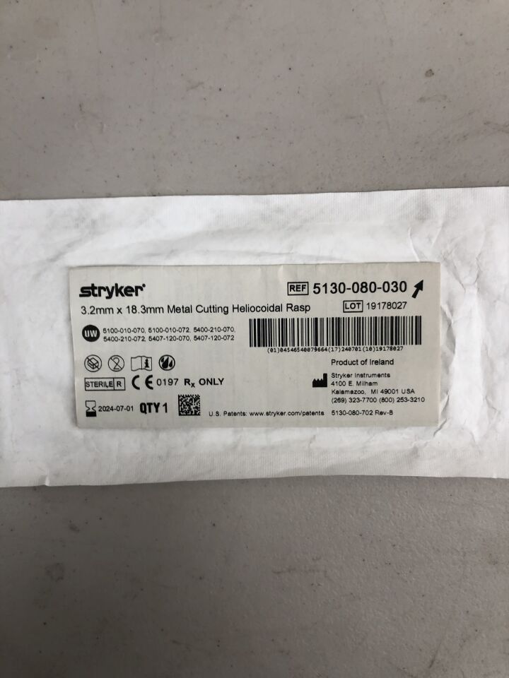 5130-080-030 - STRYKER - Heliocoidal Rasp, Long, 3.2 dia. x 18.3 mm Head Length, (EA) - ( Expiry Date: 2024-07-01 )