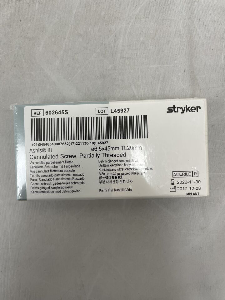 602645S - STRYKER - Asnis III Cannulated Screw Partially Threaded, 6.5 x 45mm, () - ( Expiry Date: )