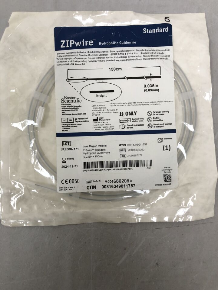 680205 - BOSTON SCIENTIFIC - ZIPwire Hydrophilic Guidewire - Standard, Straight - .035" x 150cm, () - ( Expiry Date: )